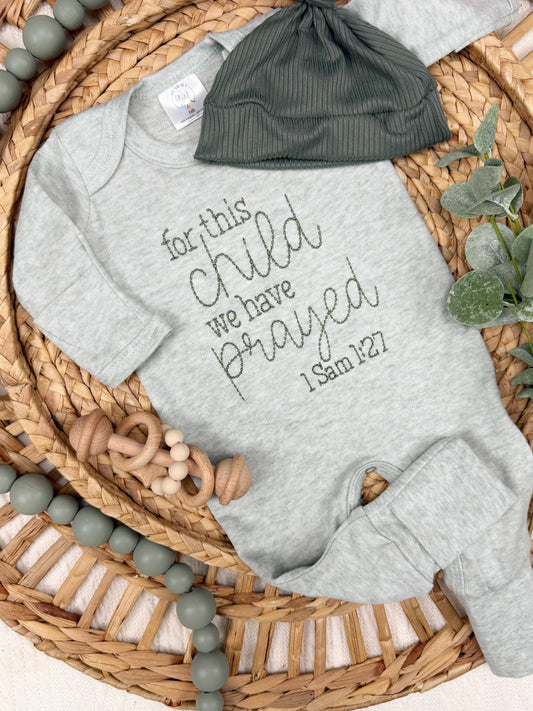 Baby Romper | For This Child We Have Prayed | Green: 0-3M, Romper and Knotted Hat
