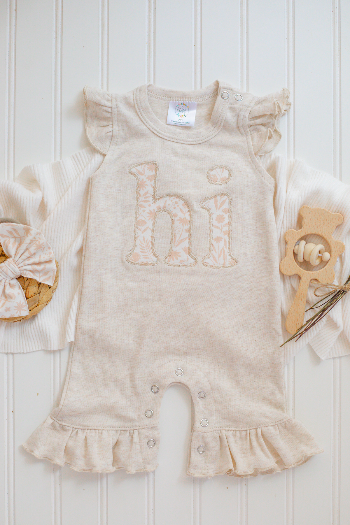 Baby Girl Oatmeal Flutter Romper w/headband - HI: Newborn