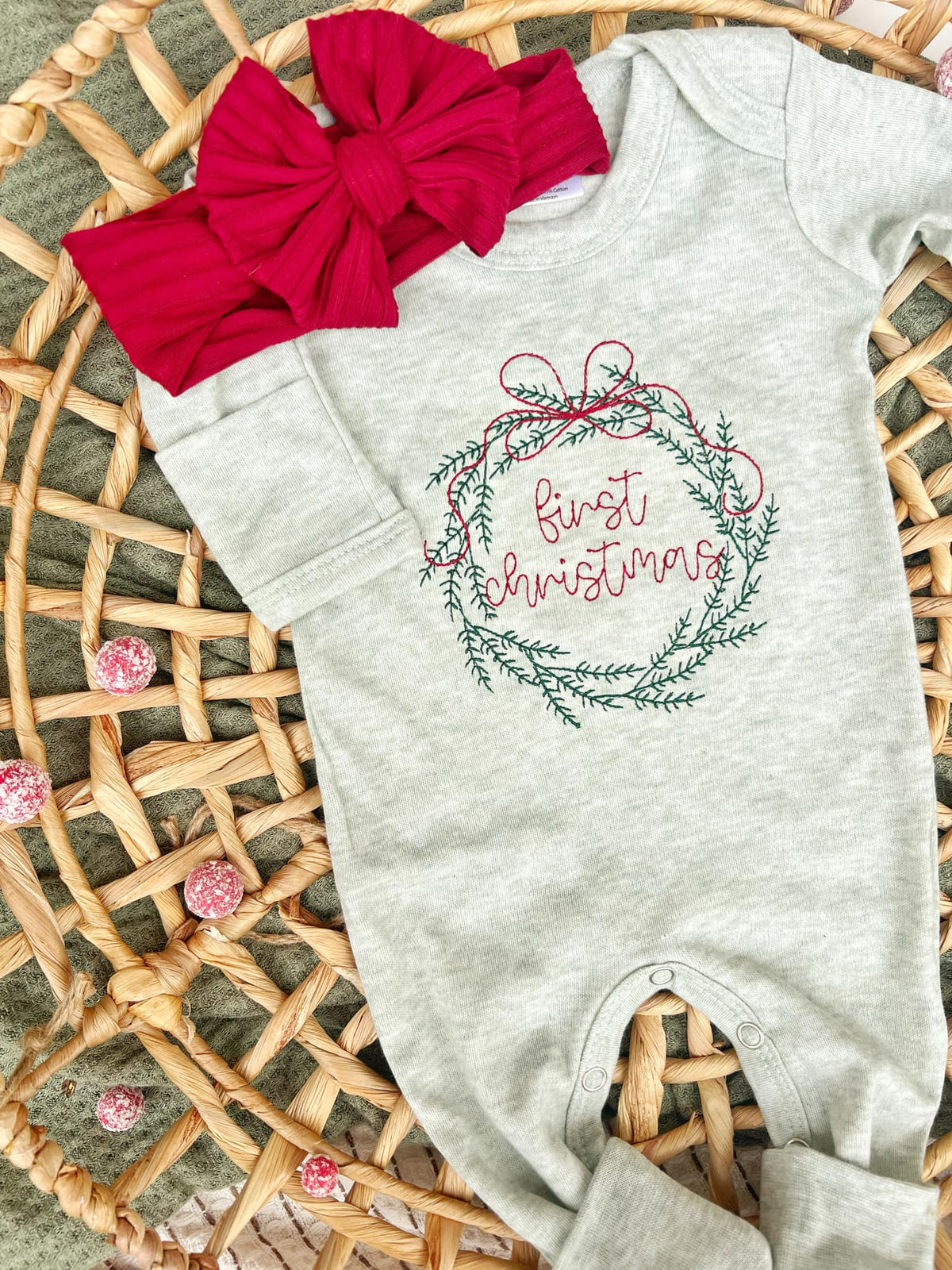 Baby Romper | Sage Green First Christmas Wreath Outfit: 3-6 months, Romper only