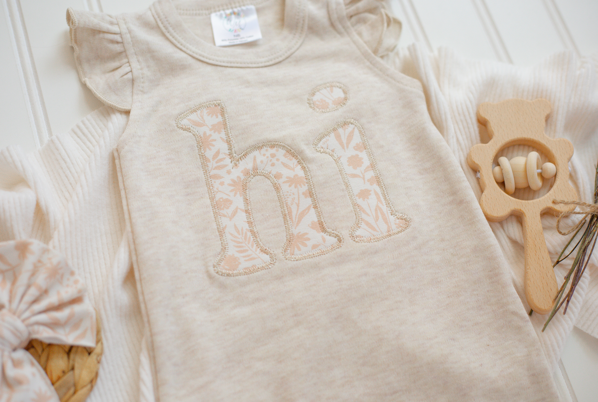 Baby Girl Oatmeal Flutter Romper w/headband - HI: Newborn