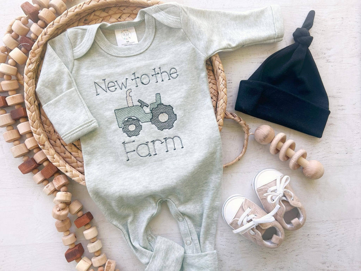 Baby Sage Romper | Baby Boy Outfit - Tractor New To The Farm: 0-3 months, Romper only