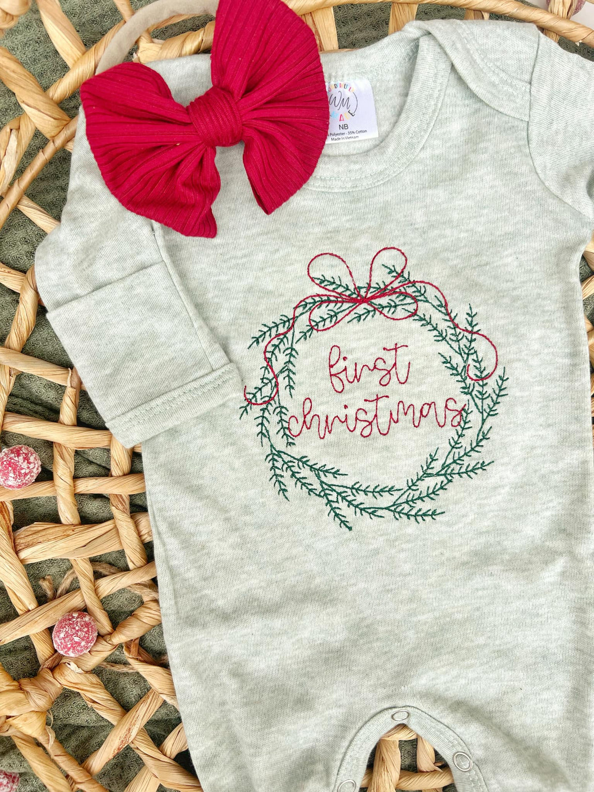 Baby Romper | Sage Green First Christmas Wreath Outfit: 3-6 months, Romper only