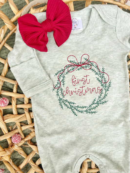 Baby Romper | Sage Green First Christmas Wreath Outfit: 3-6 months, Romper only