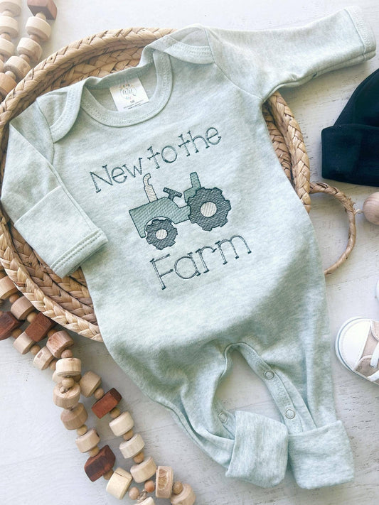Baby Sage Romper | Baby Boy Outfit - Tractor New To The Farm: 0-3 months, Romper only