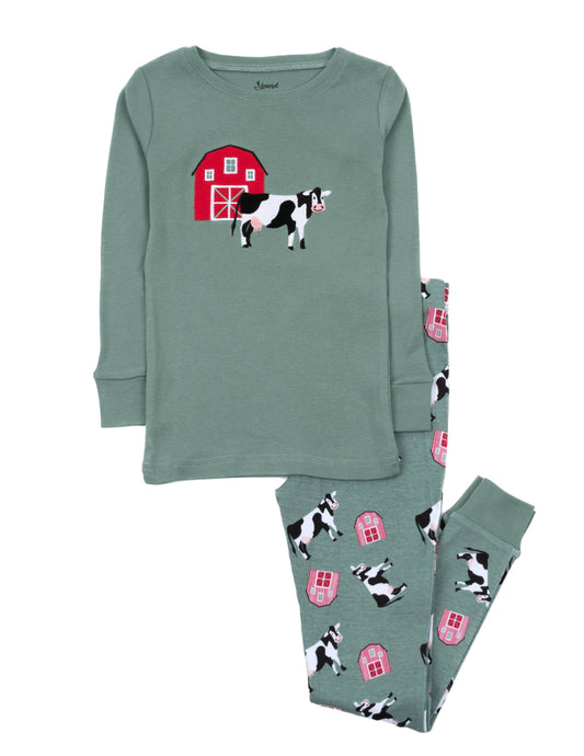 Kids Two Piece Cotton Pajamas Cow Green: 18-24 month