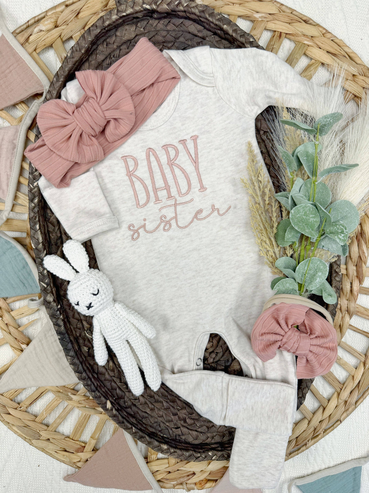 Baby sister footie | little sibling baby outfit: 0-3M, Baby sister footie + bow