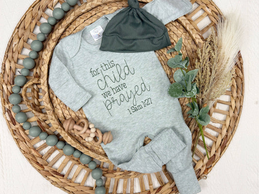 Baby Romper | For This Child We Have Prayed | Green: 0-3M, Romper and Knotted Hat