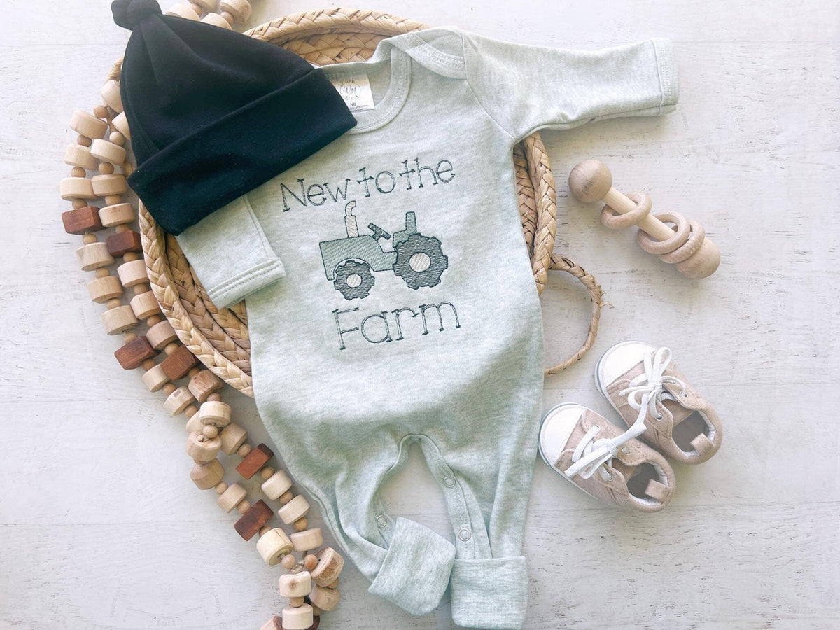 Baby Sage Romper | Baby Boy Outfit - Tractor New To The Farm: 0-3 months, Romper only