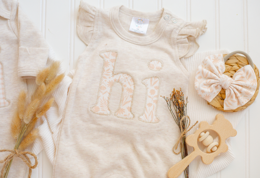 Baby Girl Oatmeal Flutter Romper w/headband - HI: Newborn