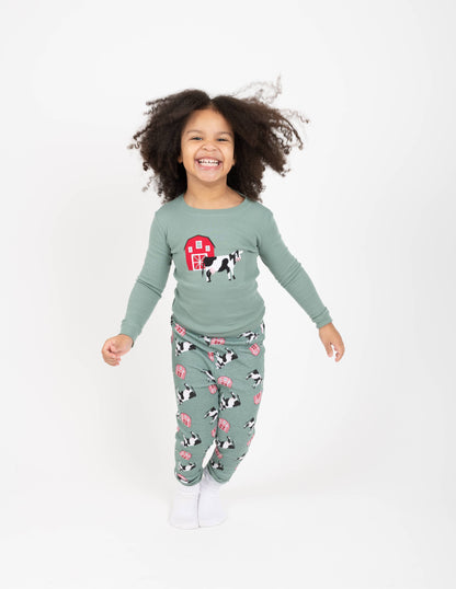 Kids Two Piece Cotton Pajamas Cow Green: 2 year