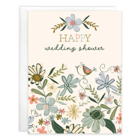 Wedding Greeting Card - Shower Flowers and Bird