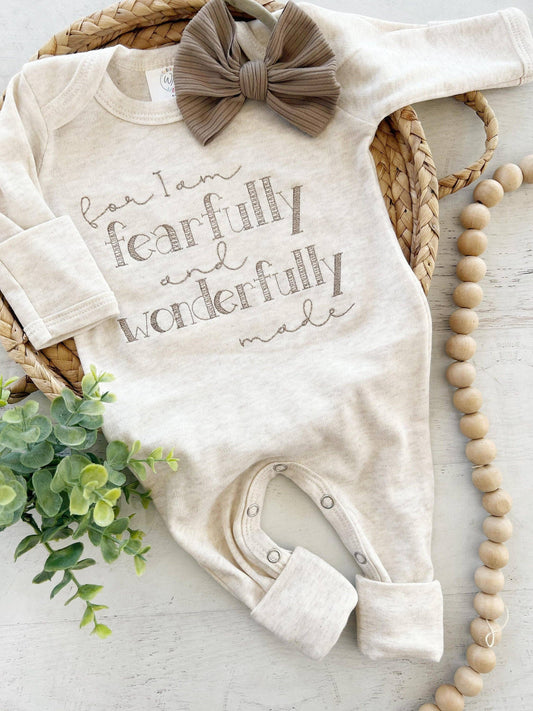 Baby Romper | Fearfully and Wonderfully Made - Taupe/Oatmeal: Newborn, Romper only