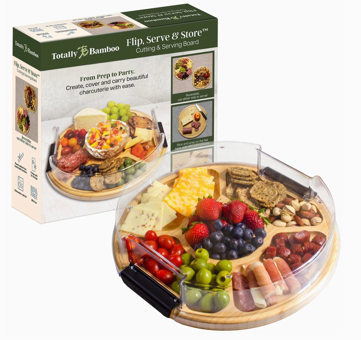 Flip, Serve, & Store Round Charcuterie Board with Locking Lid