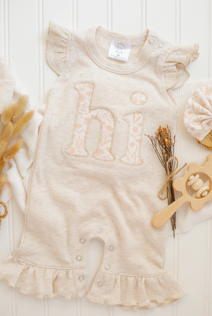 Baby Girl Oatmeal Flutter Romper w/headband - HI: Newborn