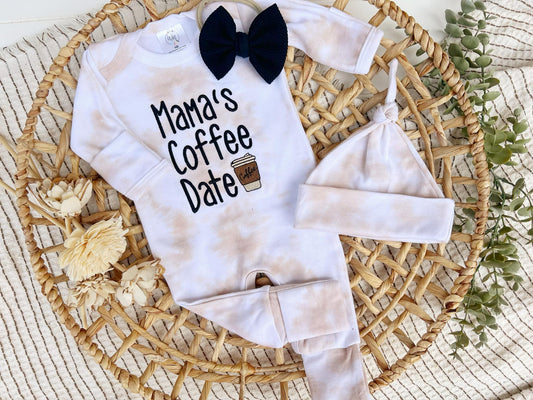 Baby Romper | Latte Tan White Outfit Mama's Coffee Date: 0-3M, Romper and Bow