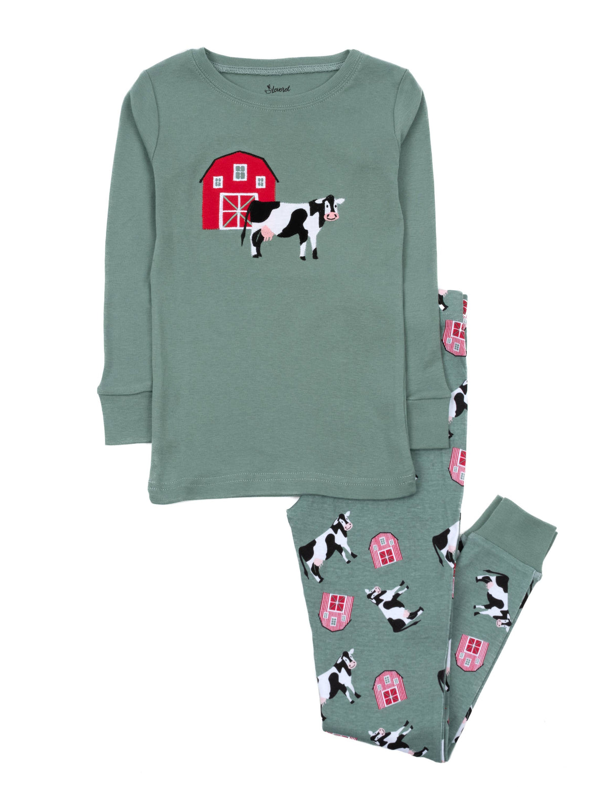 Kids Two Piece Cotton Pajamas Cow Green: 2 year
