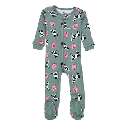 Baby Footed Cotton Pajama Cow Green: 6-12 month