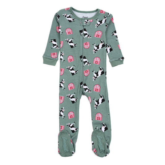 Baby Footed Cotton Pajama Cow Green: 3-6 month