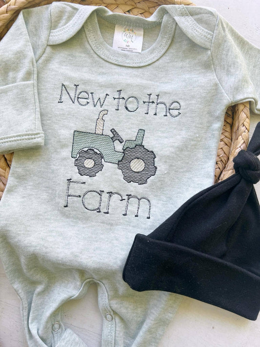 Baby Sage Romper | Baby Boy Outfit - Tractor New To The Farm: 0-3 months, Romper only