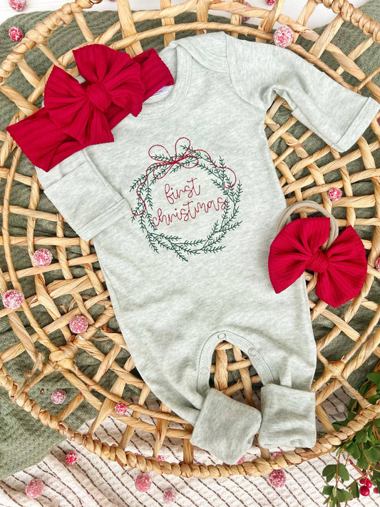 Baby Romper | Sage Green First Christmas Wreath Outfit: 3-6 months, Romper only