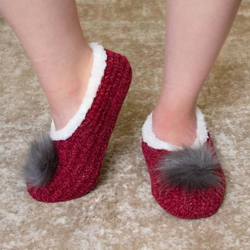 Women's Pom Pom Sherpa Footies--Maroon/Gray--S/M