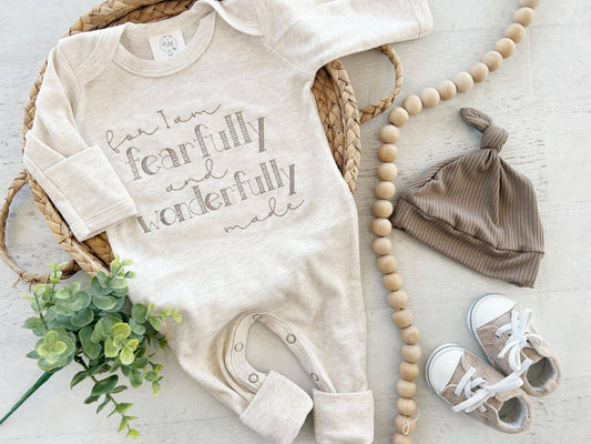 Baby Romper | Fearfully and Wonderfully Made - Taupe/Oatmeal: Newborn, Romper only