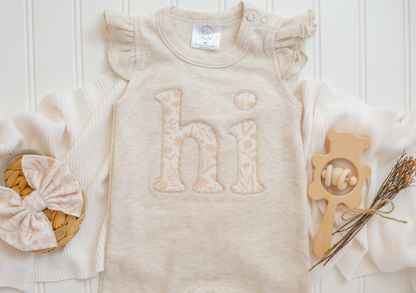 Baby Girl Oatmeal Flutter Romper w/headband - HI: Newborn