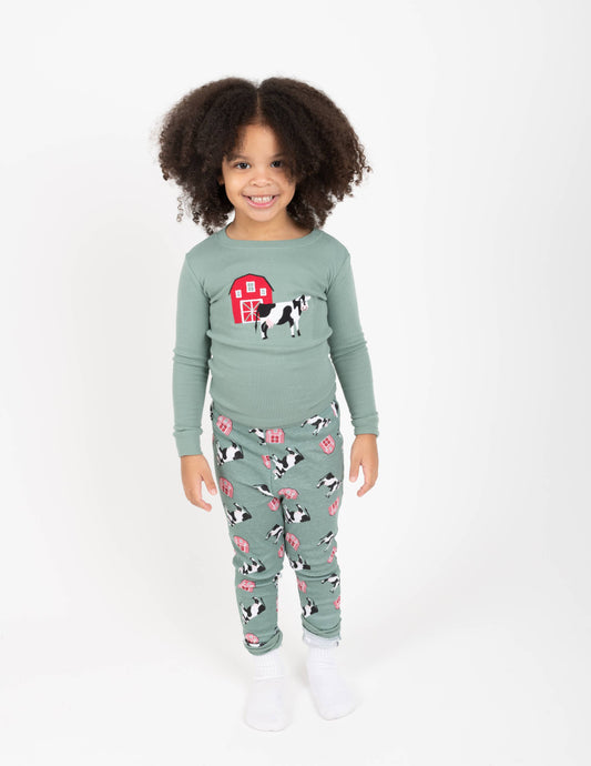 Kids Two Piece Cotton Pajamas Cow Green: 2 year